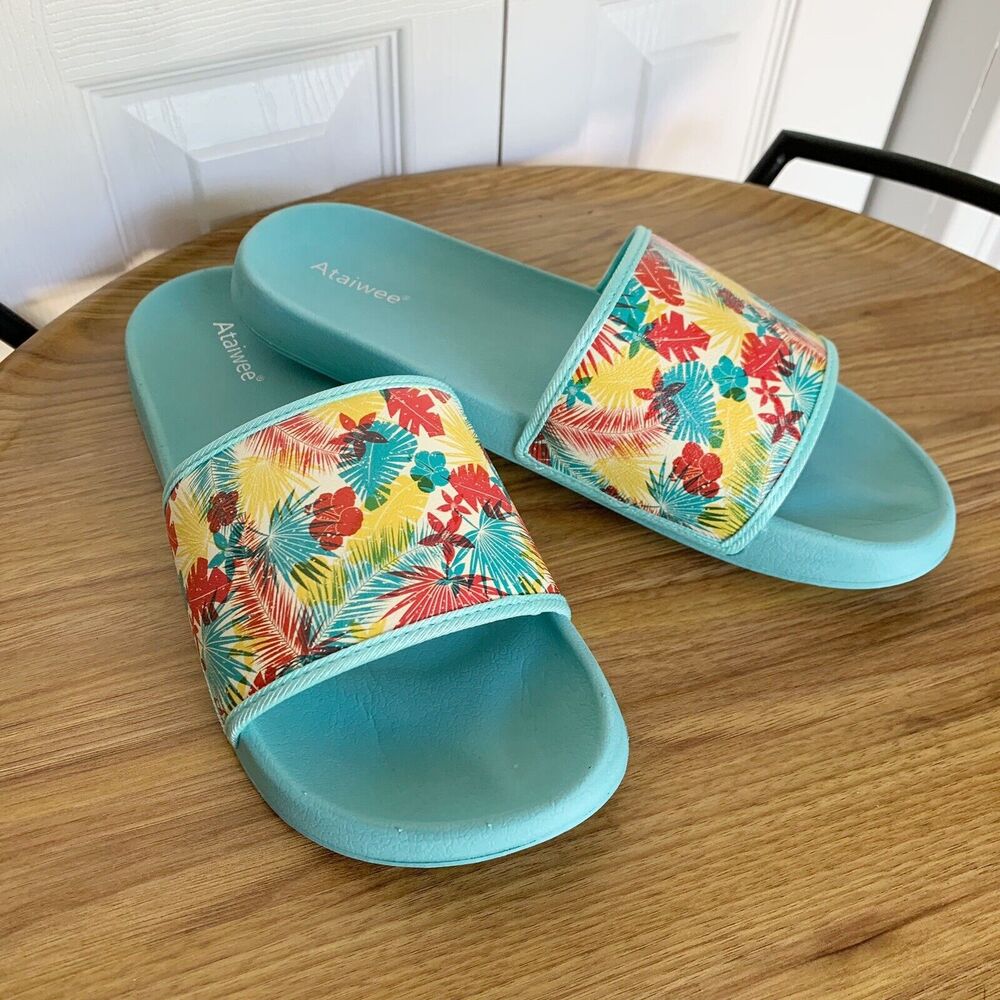 NEW Women Blue Floral Slides Sandals Size 9 Ataiwee